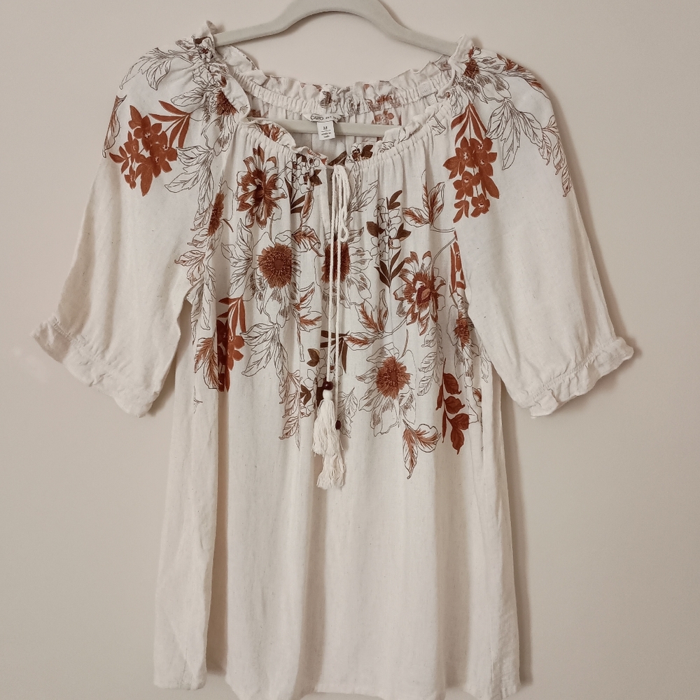 Catos Cotton Linen Blend Dark Floral  Women's Top Prairie Cottagecore Boho‎ Med.